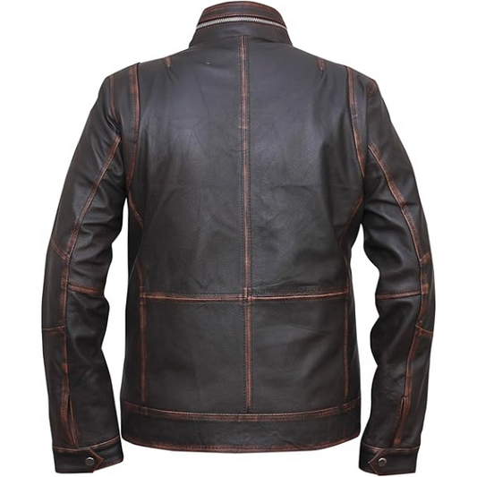 Mens Dark Brown Distressed Six Pocket Vintage Leather Jacket
